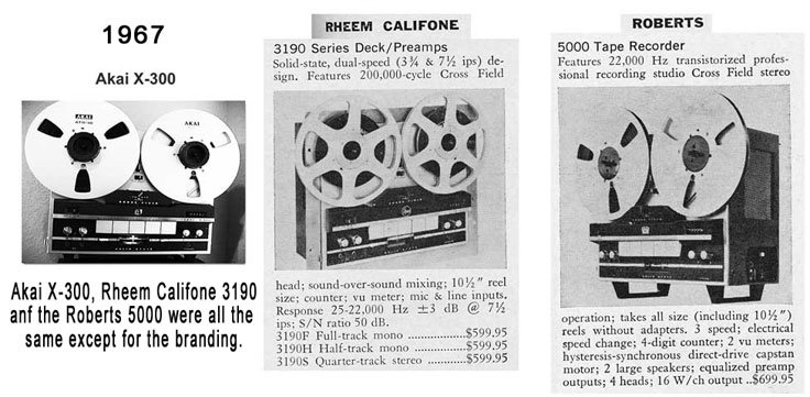 1967 comparison of the Akai, Rheem and Roberts recorder with the same configuration and different branding