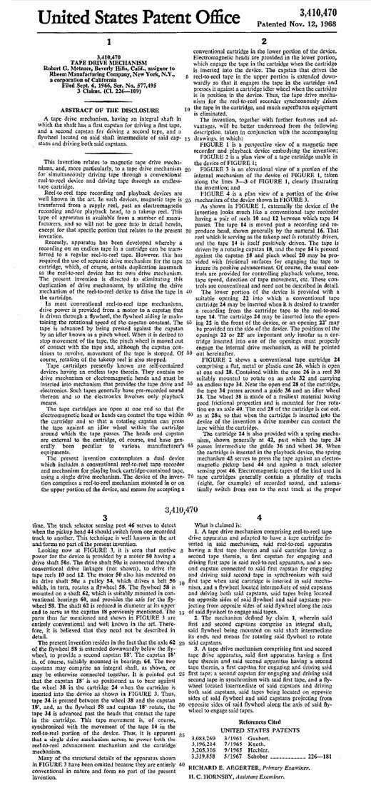 Robert G. Metzner's 1968 patent for reel, cassette & 8-track tape recorder