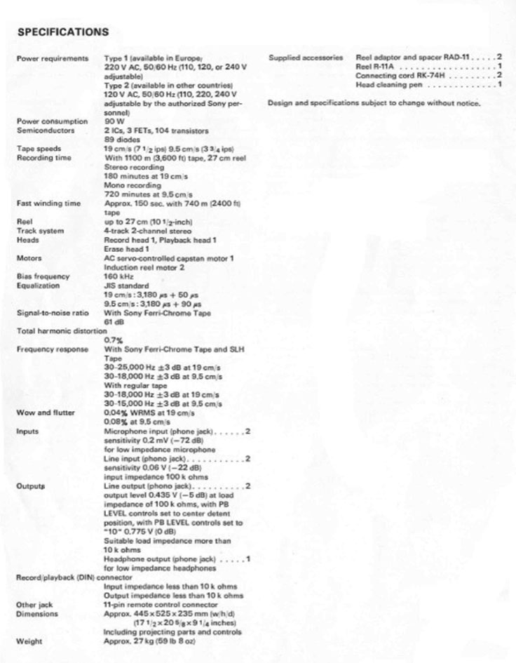 1978 Specifications for the Sony TC-765 in the Reel2ReelTexas.com's vintage recording collection