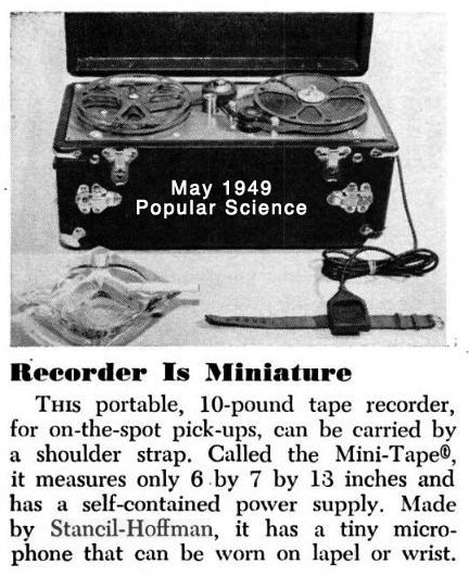 Article from the May 1949 Popular Science magazine about the Stancil-Hoffman MiniTape reel to reel portable tape recorder in the Phantom Productions' vintage recording collection