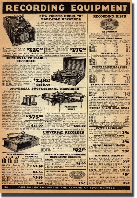 1938 catalog ad for Presto Disc recorders in the Museum of Magnetic Sound Recording