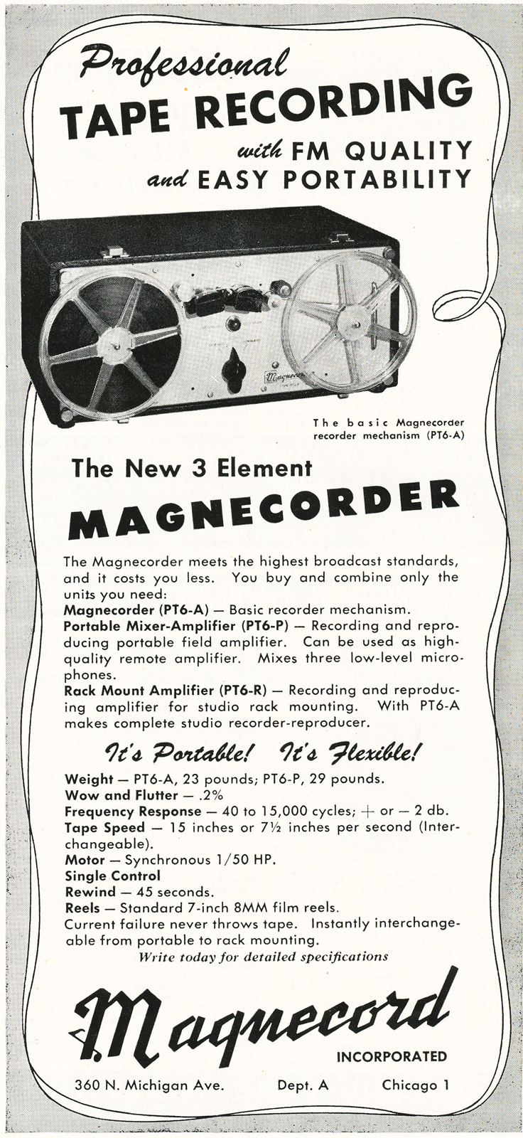 1948 ad for the Magnecord PT-6 professional reel to reel tape recorder in Reel2ReelTexas.com's vintage recording collection