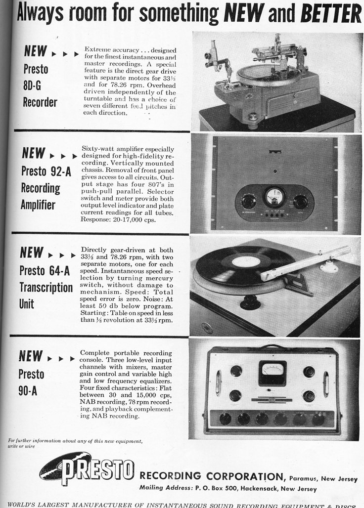Presto ads from 1948 in the Museum of Magnetic Sound Recording