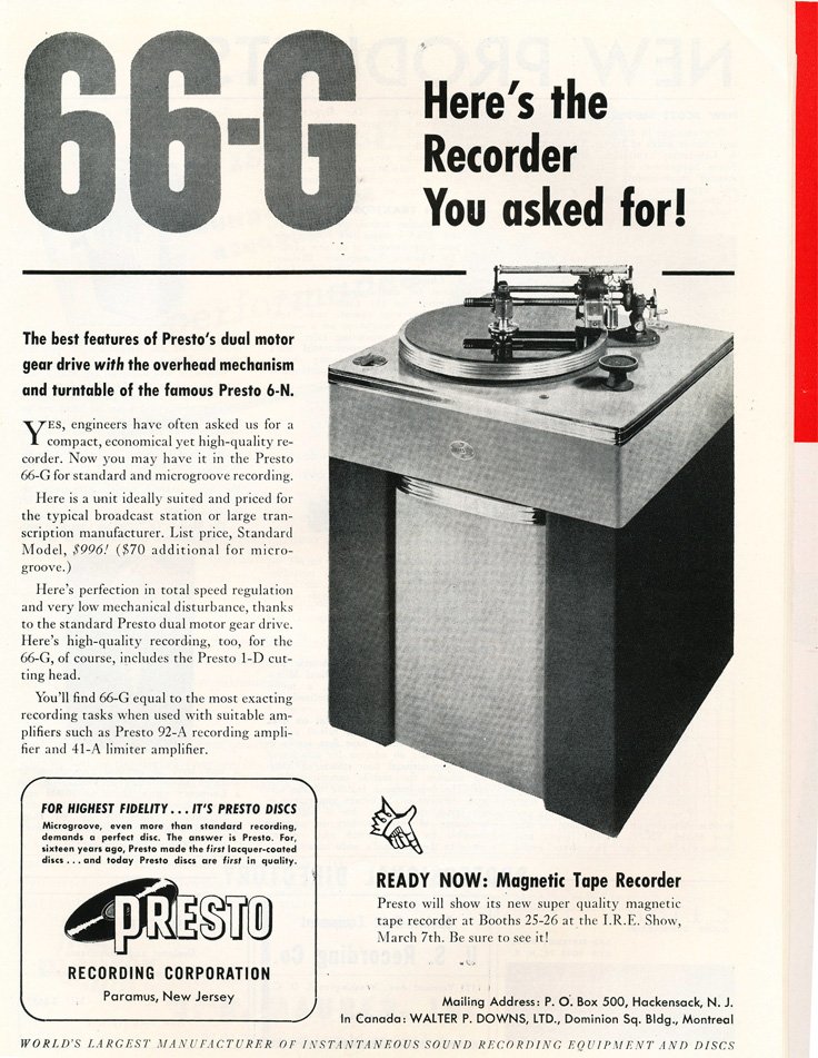 Presto ads from 1949 in the Museum of Magnetic Sound Recording
