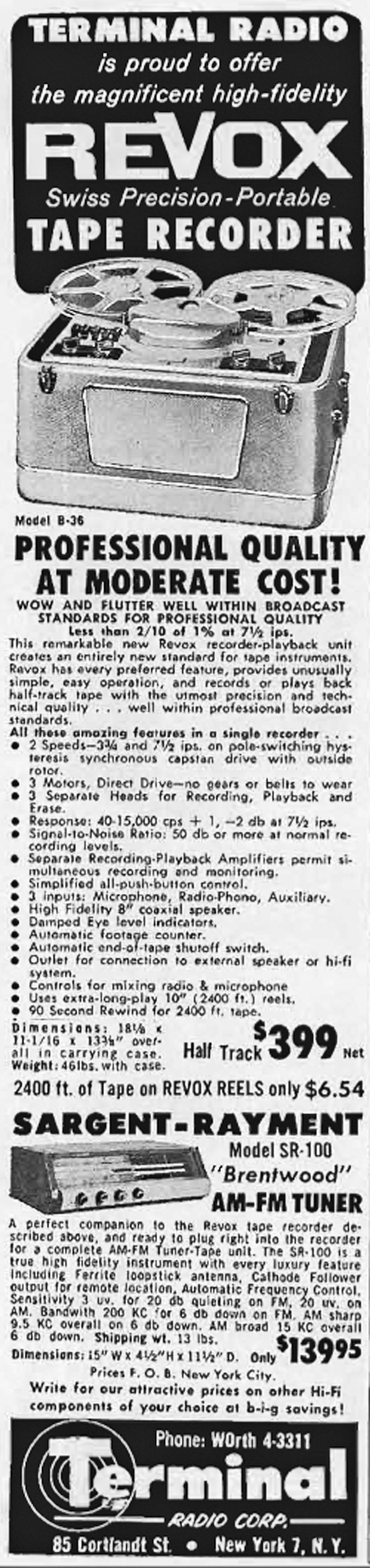 1957 ad for the ReVox B36 reel to reel tape recorder in Reel2ReelTexas.com's vintage recording collection