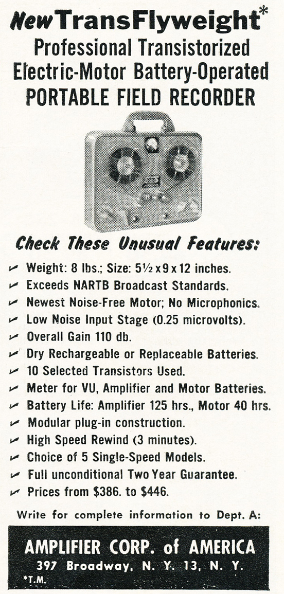 1959 Amplifier Corporation ad for the magnemite Flight Weight reel to reel tape recorder in   Phantom Productions vintage recording collection