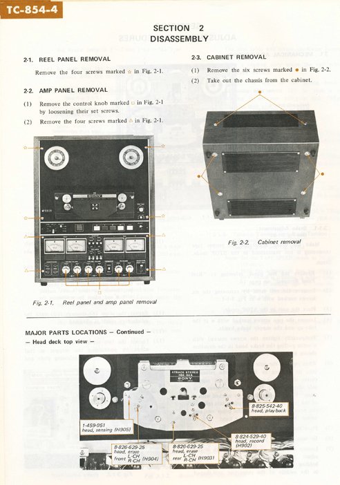 1971 Sony TC-854-4 4 Channel Stereo Tapecorder Service Manual page showing disassembly instructions in Phantom Productions' vintage reel to reel tape recorder collection
