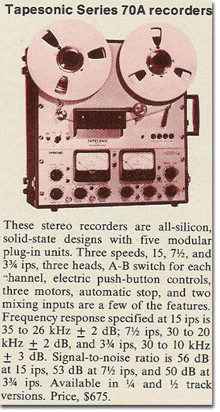 1971 article about the Tapesonic 70A TRS reel to reel tape recorder in the Reel2ReelTexas.com's vintage recording collection