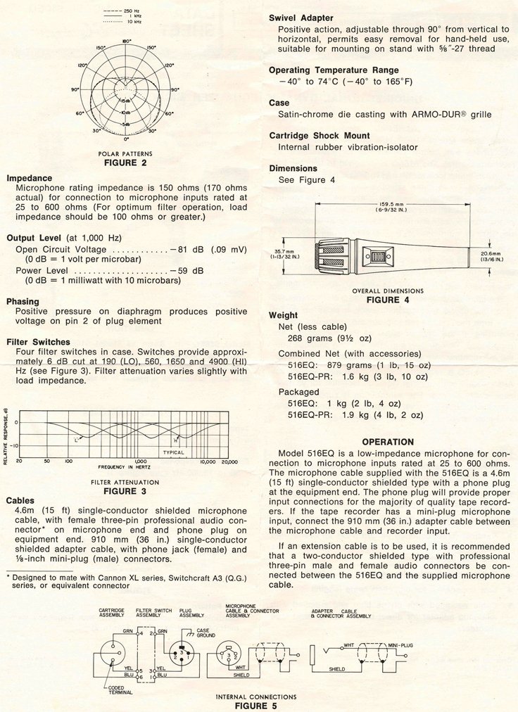 Shure 516 EQ microphone data sheet in Phantom Productions' vintage recording collection