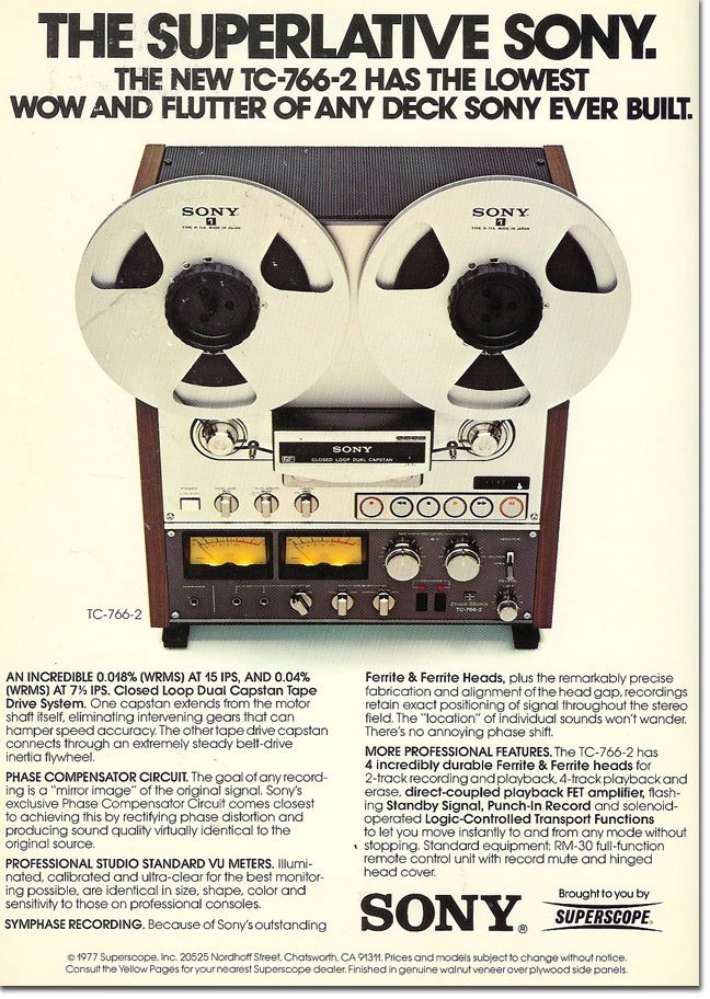 1978 ad for the Sony TC-765 the last reel to reel tape recorder made by Sony in Phantom Productions' vintage recording collection