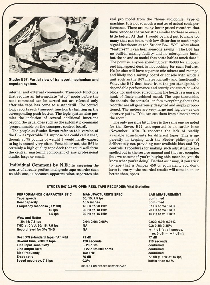 1980 review of the Studer B67 reel tape recorder in Phantom Productions' vintage recording collection