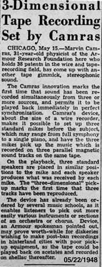 Marvin Camras mentioned in 1948 Billboard article
