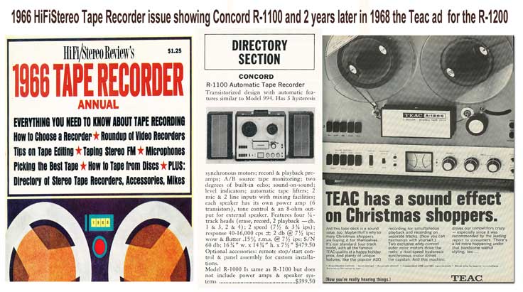 1966 listing of the Concord R-1100 in HiFiStereo tape recorder issue and same recorder released as the Teac R-1200 in a 1968 ad in Reel2ReelTexas.com's vintage recording collection