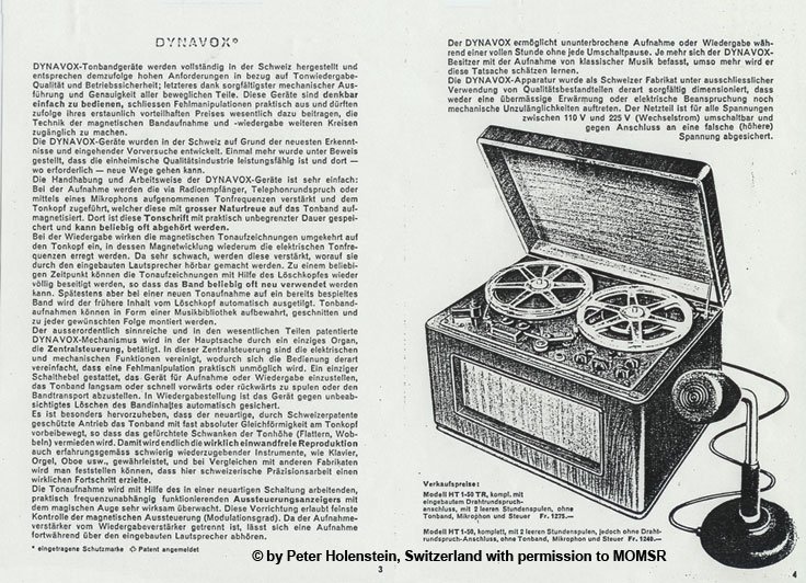 Early ad for the Studer Revox T-26 Dynavox with permission © by Peter Holenstein, Switzerland