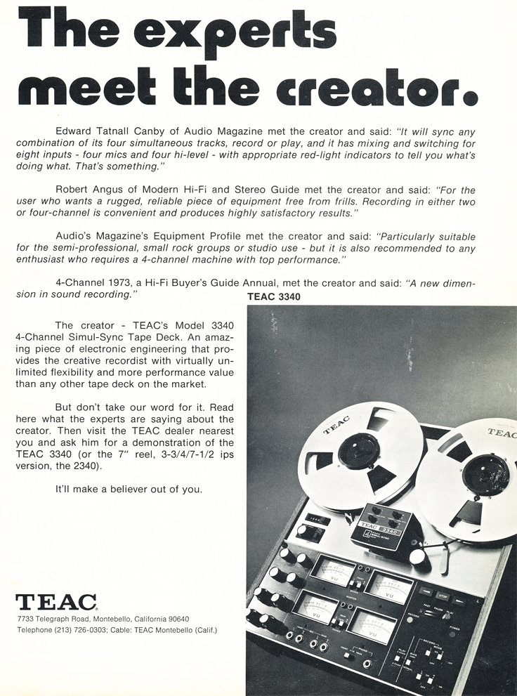 Ad for the Teac A-3340 4 track simul-Sync reel to reel tape recorder in the Phantom Productions, Inc.'s Reel2ReelTexas.com