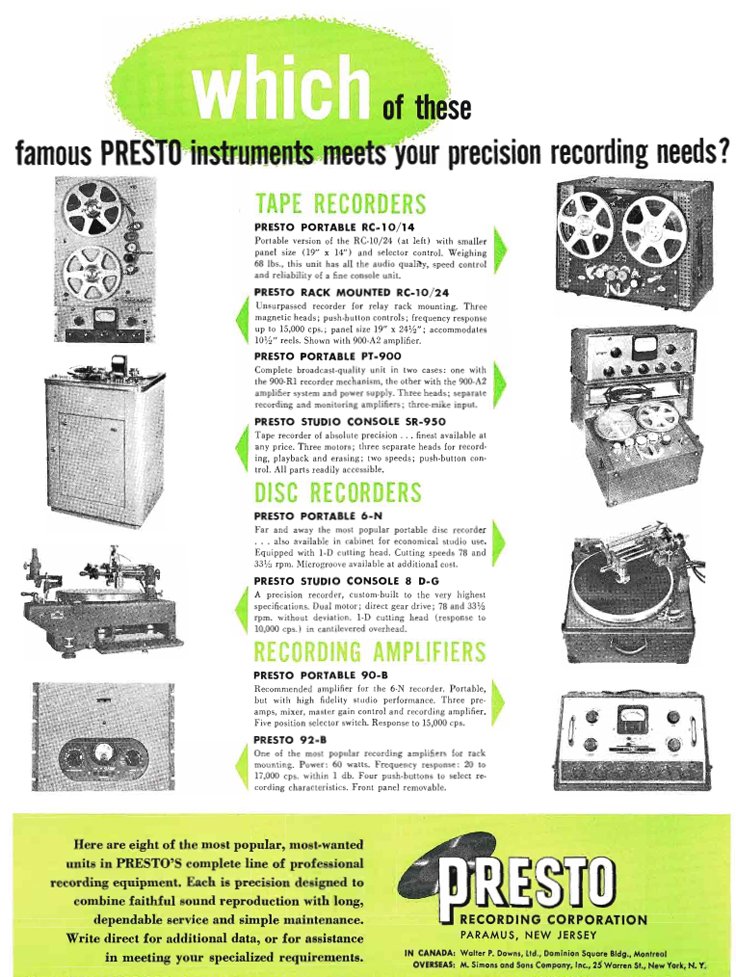 Presto ads from 1951 in the Museum of Magnetic Sound Recording