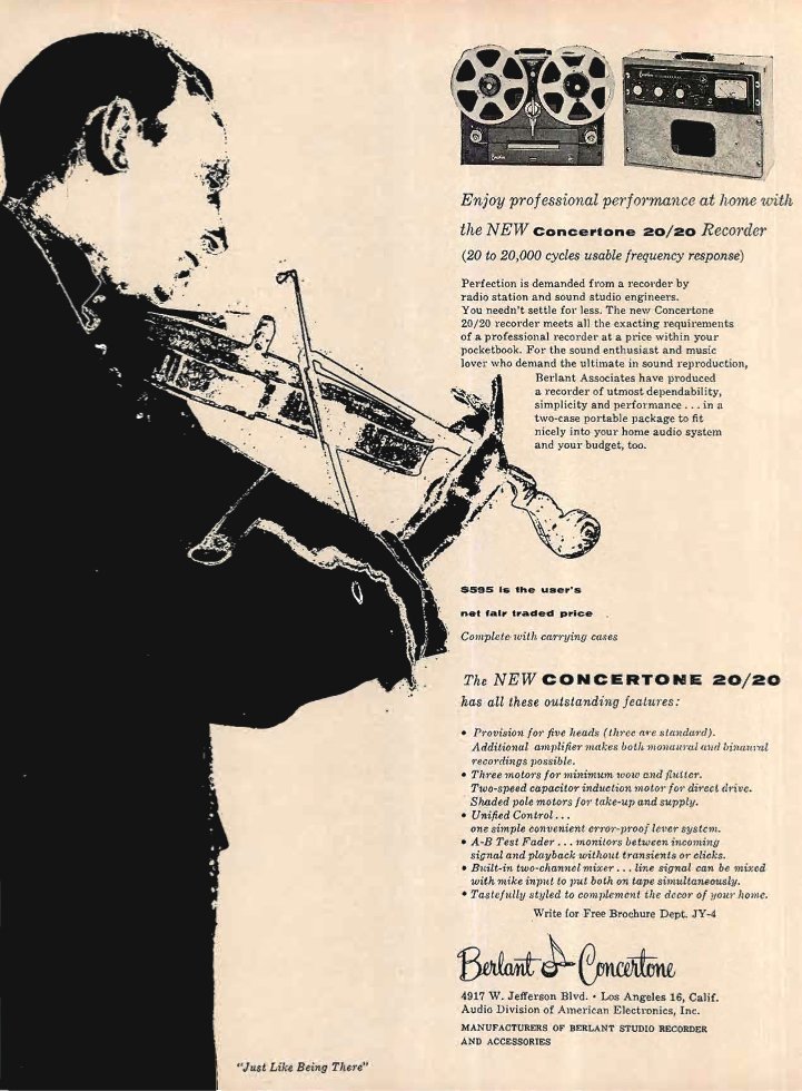 1955 ad for the Berlant Concertone 20/20 STW-4 professional broadcast reel to reel tape recorder in the Reel2ReelTexas.com's vintage recording collection