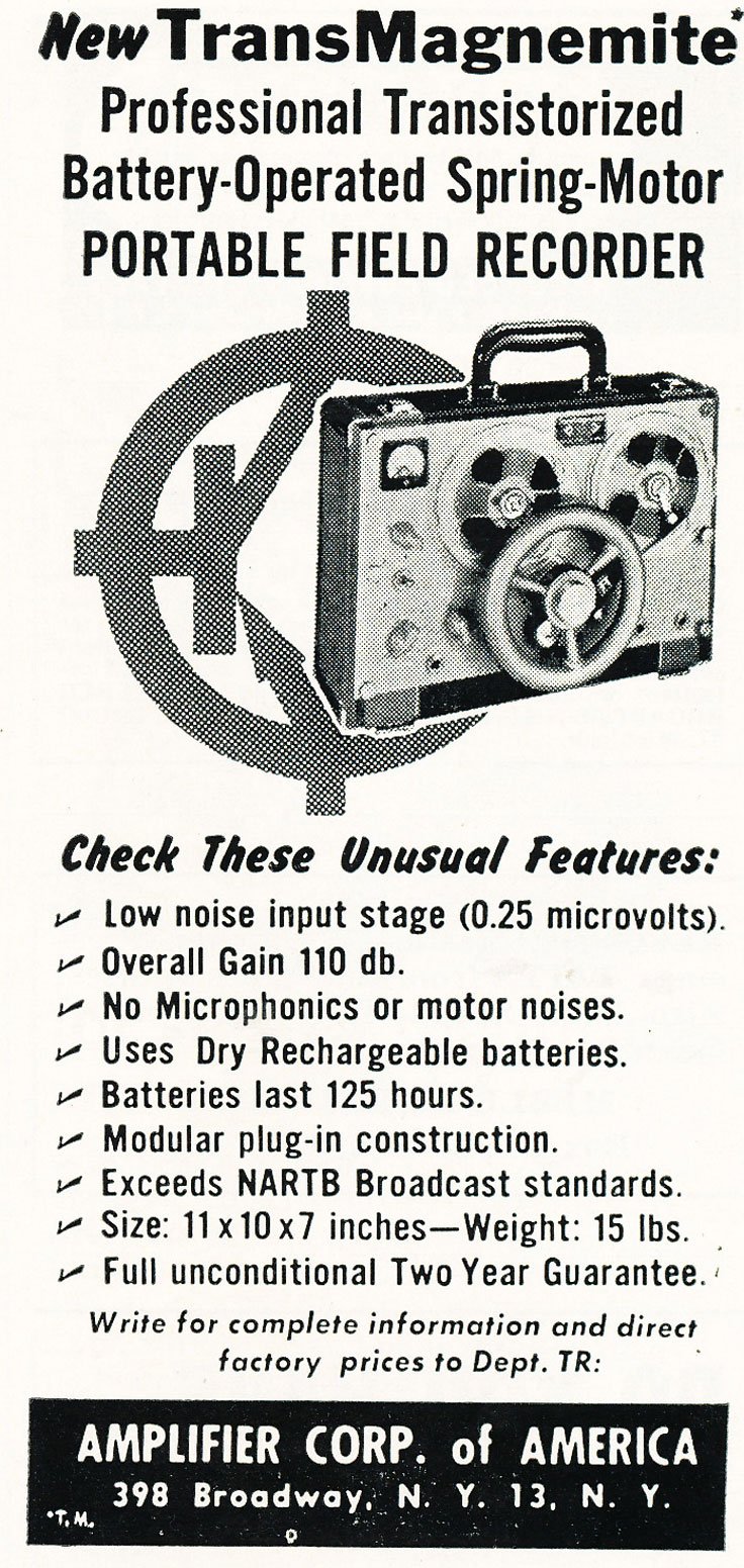 1959 ad for the Amplifier Corporation of America's Magnemite spring wound reel to reel tape recorder in Reel2ReelTexas' vintage recording collection