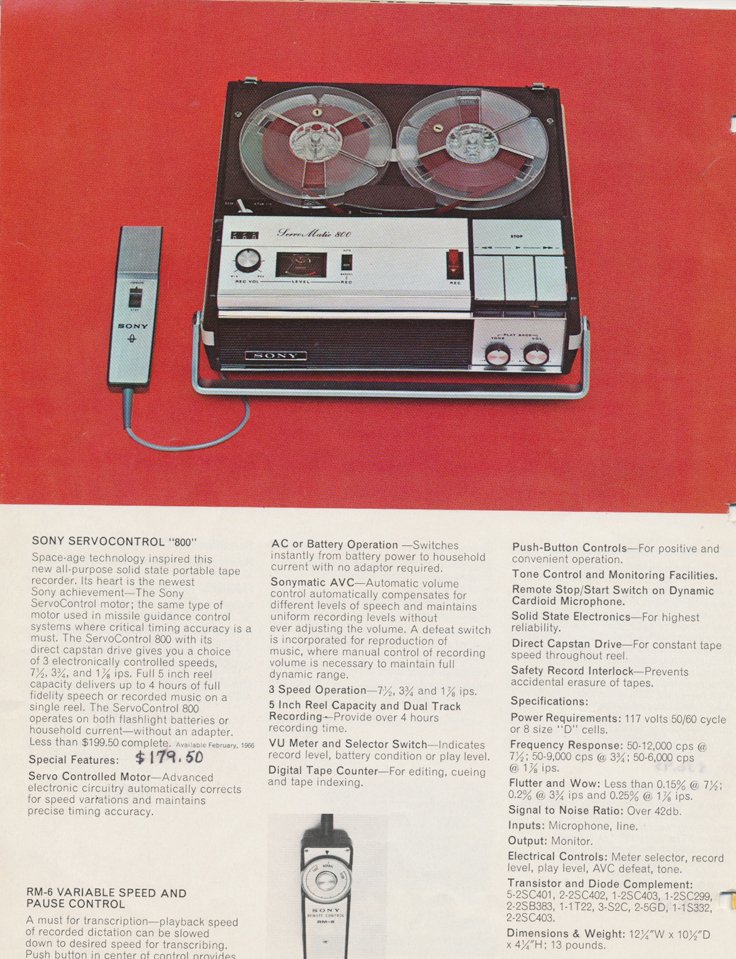 1964 ad for the Sony Model TC-800B porpable 5" reel tape recorder in the Reel2ReelTexas.com's vintage recording collection.