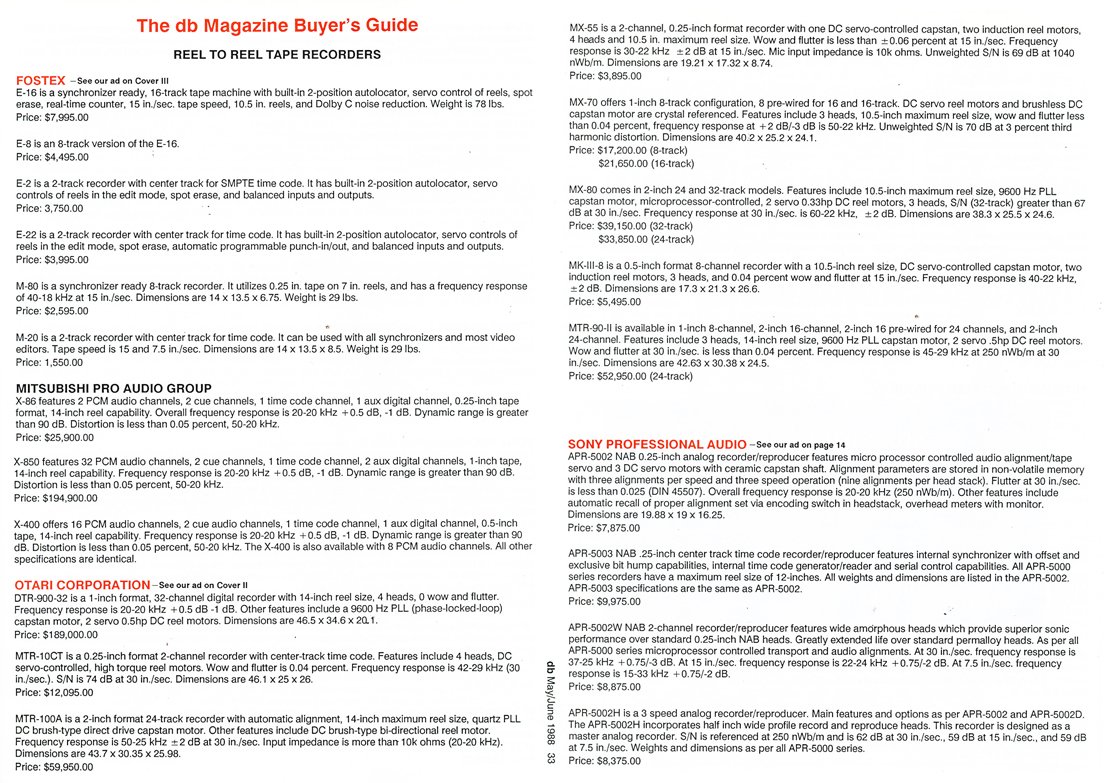 1987 reel to reel tape recorder prices from db magazine in Reel2ReelTexas.com's vintage recording collection